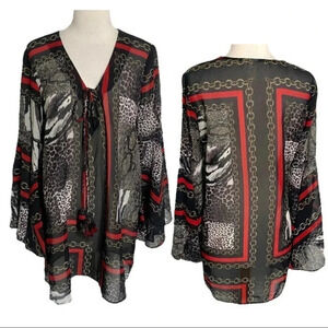 Violet Sky Sheer Bell Sleeve Kimono Tunic Top Cover Up M Chain Print